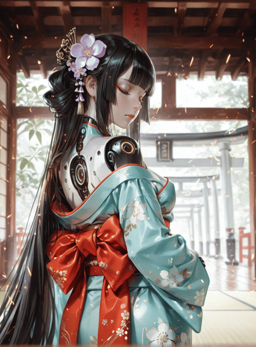 woman, robot, kimono, lantern, corridor, flower, sparks, lantern, circuit, sakura