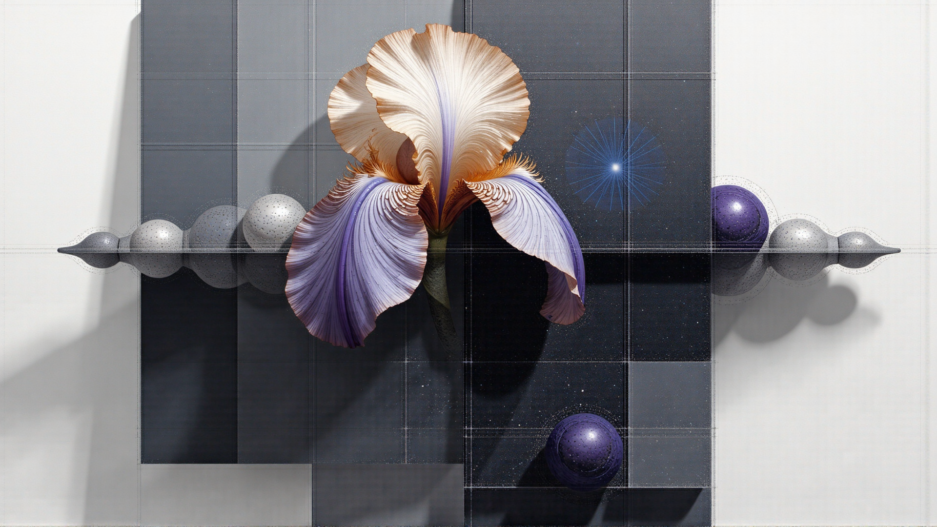 AI generated wallpaper featuring iris, spheres, grid, starburst