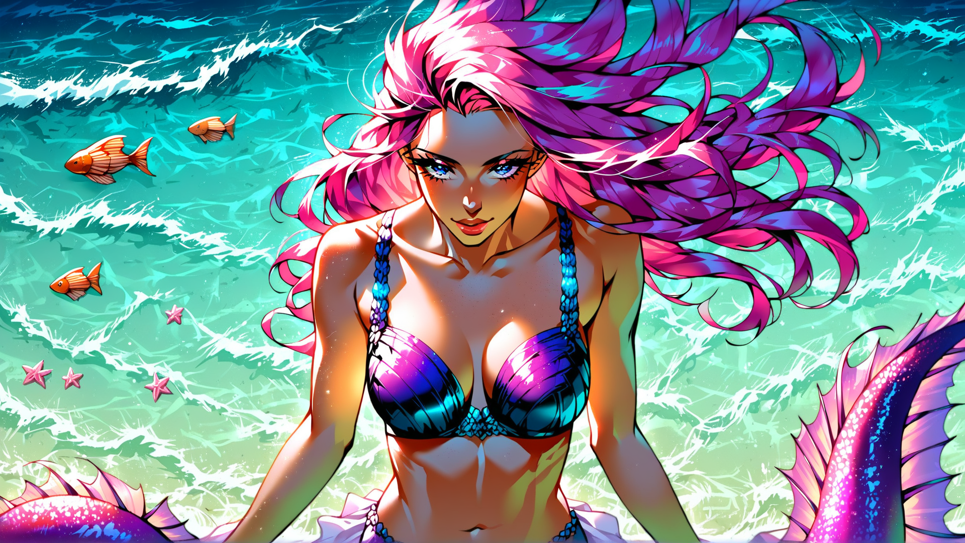 AI generated wallpaper featuring mermaid, fish, starfish, ocean, seaweed
