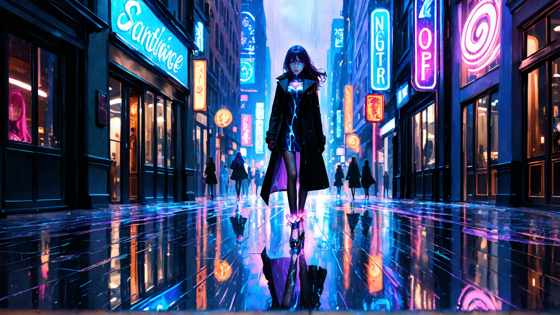 AI generated wallpaper featuring woman, neon, city