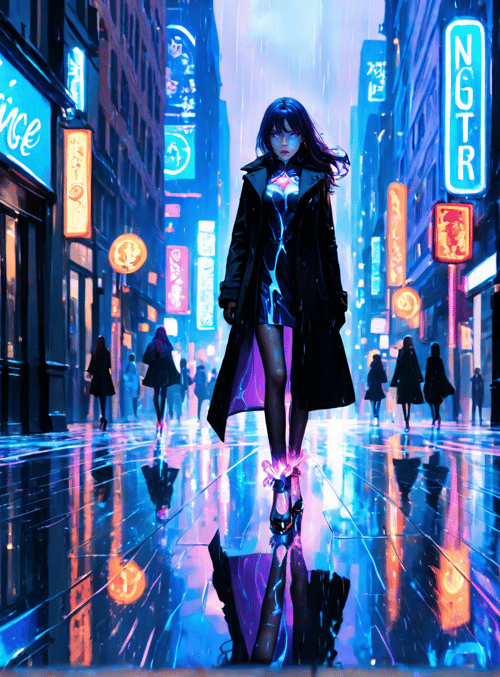 woman, neon, city