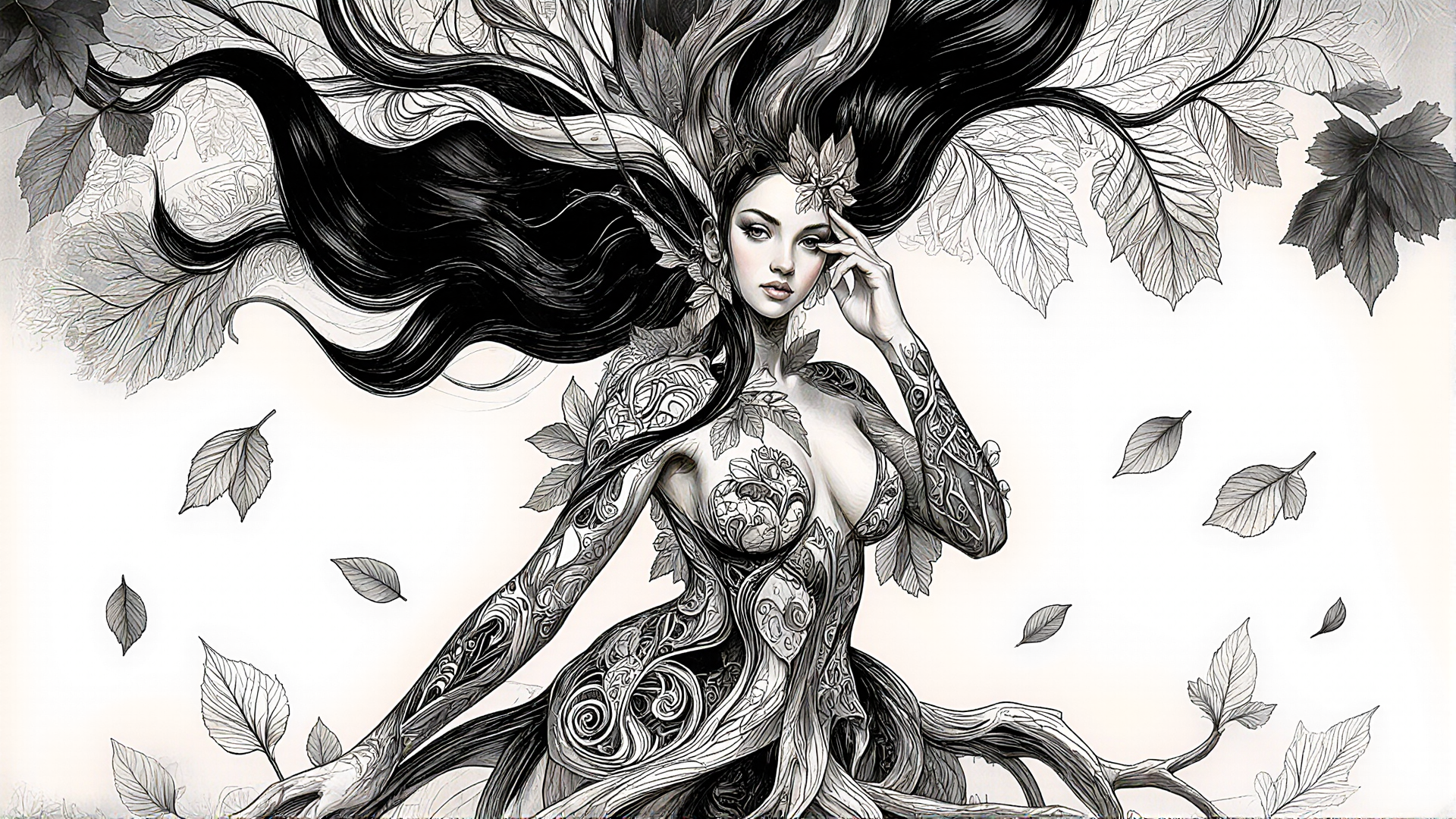 AI generated wallpaper featuring woman, leaves, tattoo, hair, tree