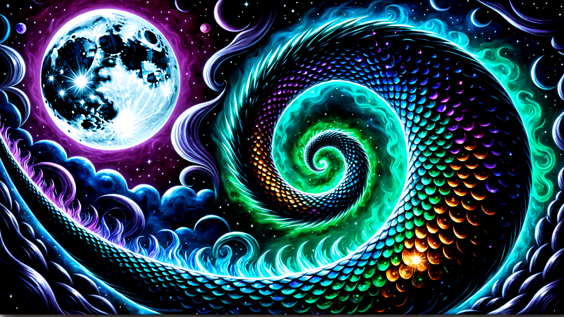 AI generated wallpaper featuring dragon, moon, stars, clouds, galaxy