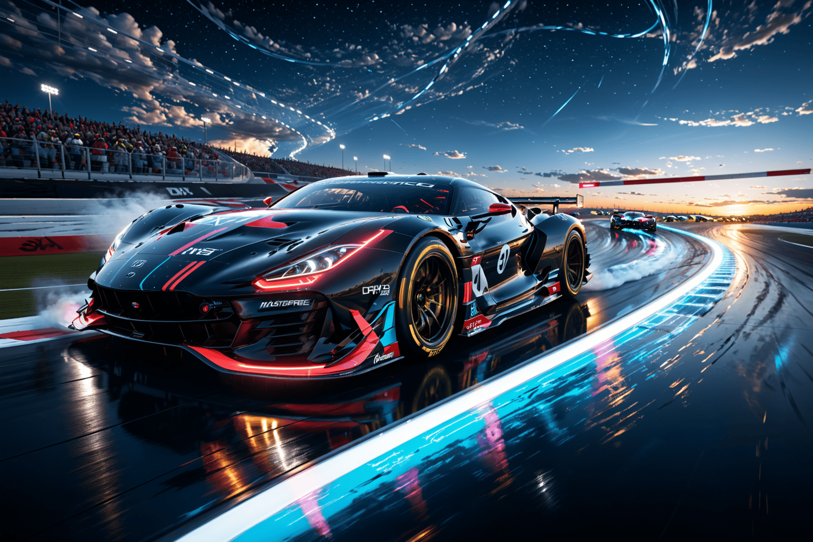AI generated wallpaper featuring race car, track, crowd