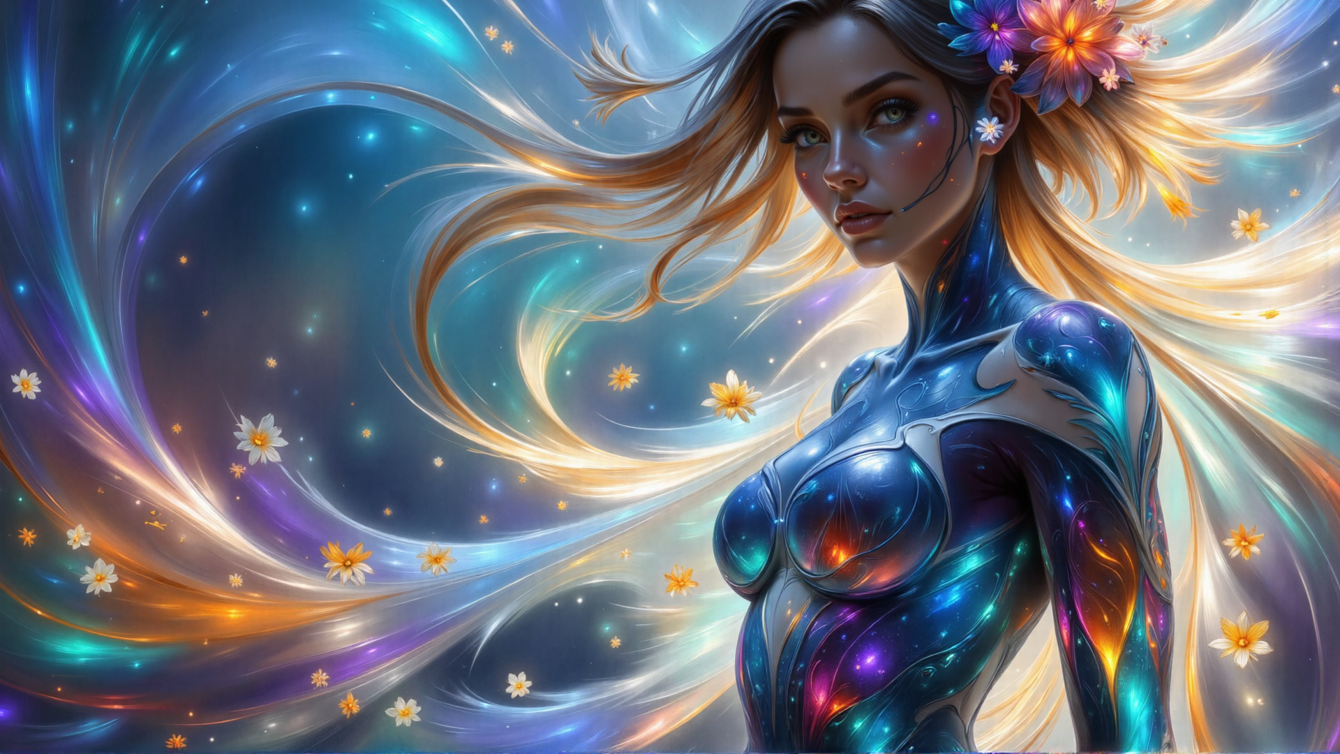 AI generated wallpaper featuring woman, galaxy, flowers, hair, stars