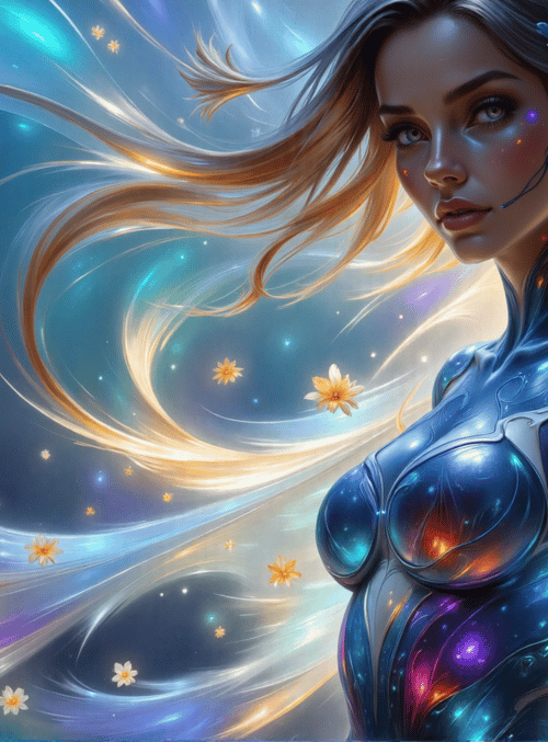 woman, galaxy, flowers, hair, stars