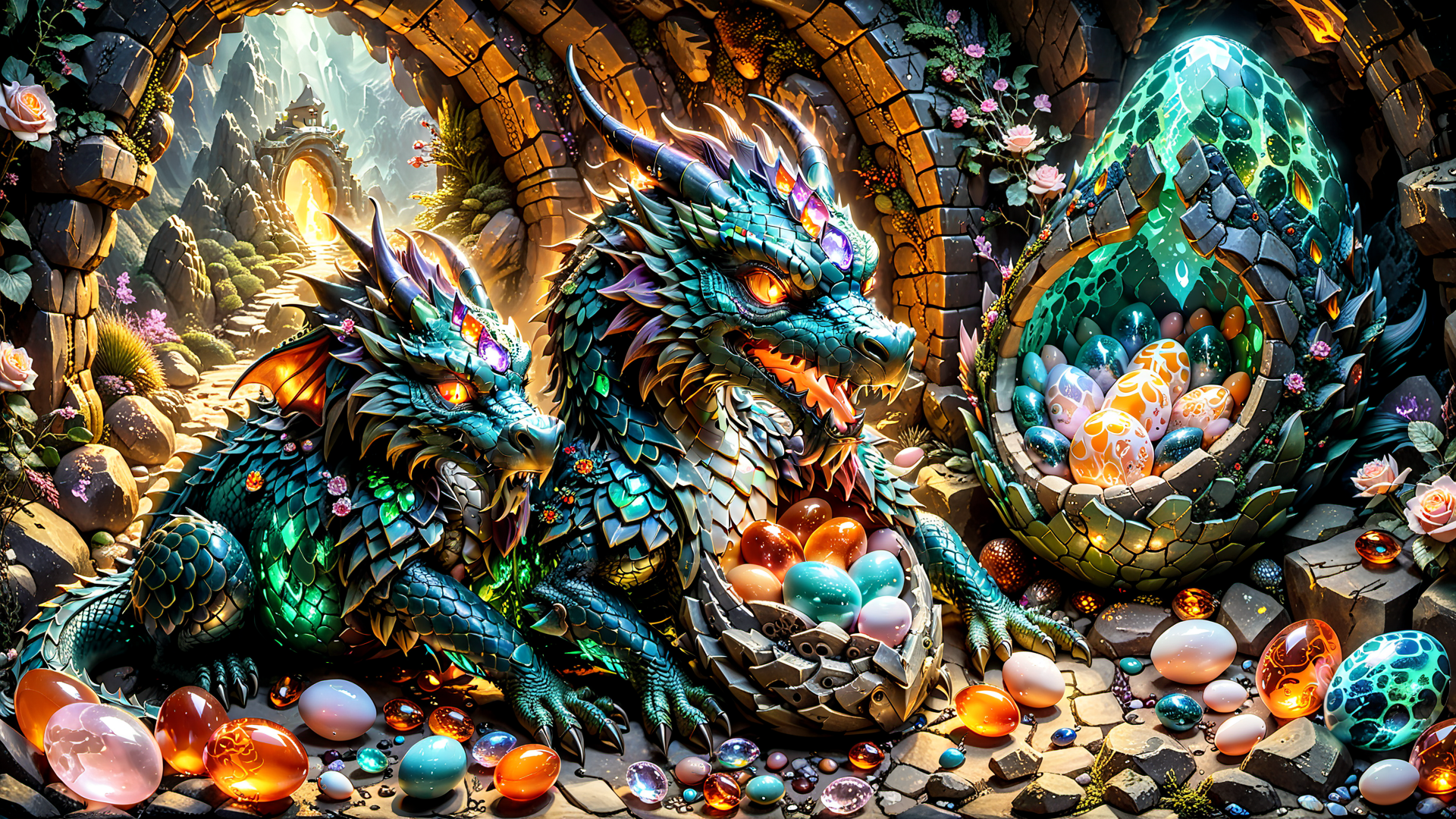 AI generated wallpaper featuring dragons, eggs