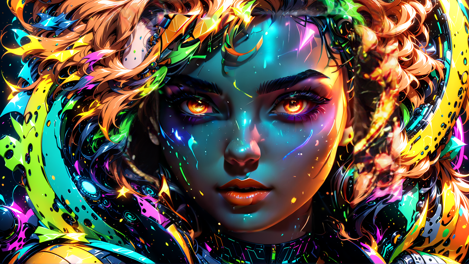 AI generated wallpaper featuring cyborg, woman, neon