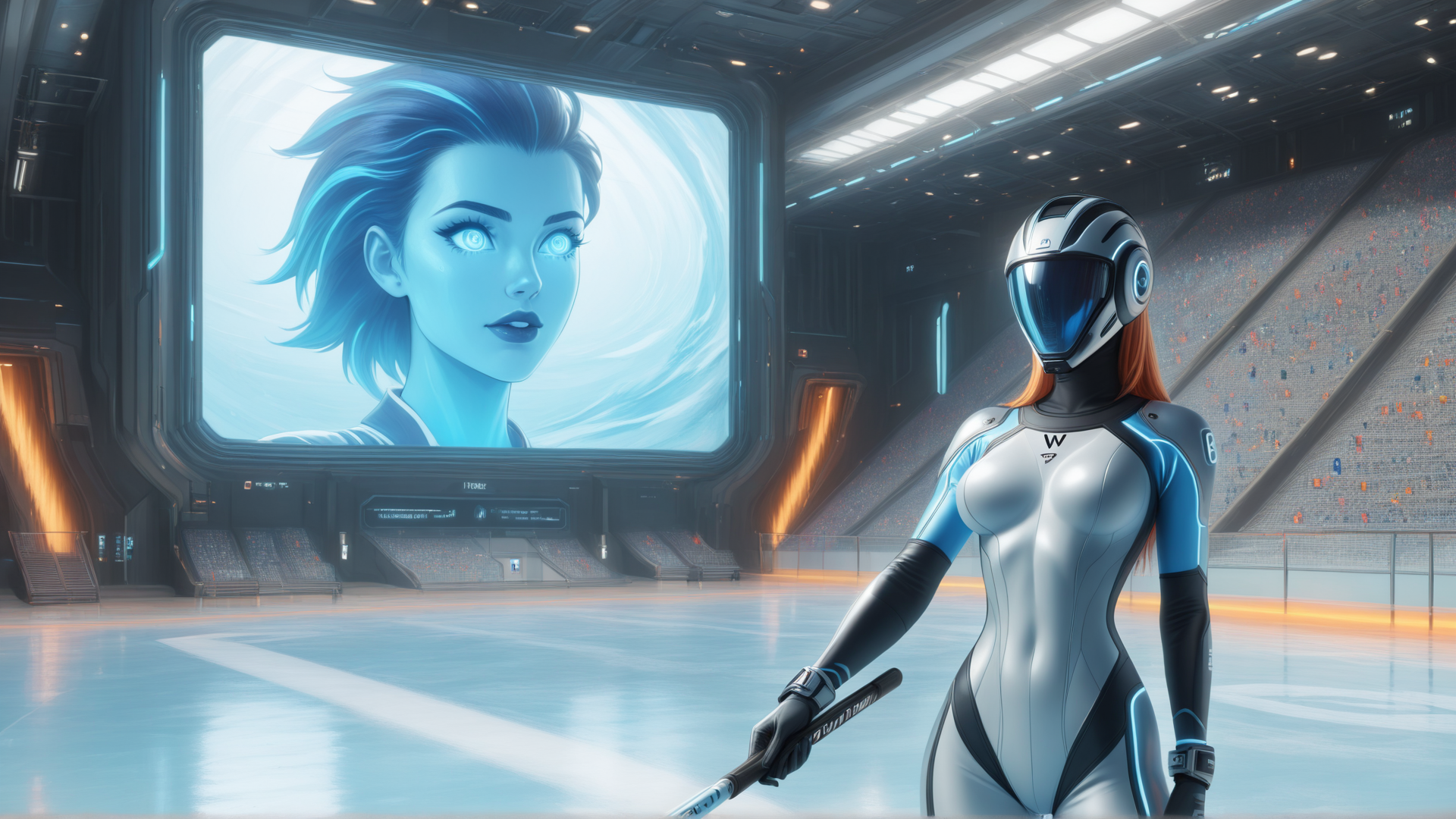 AI generated wallpaper featuring robot, hockey player, screen, arena