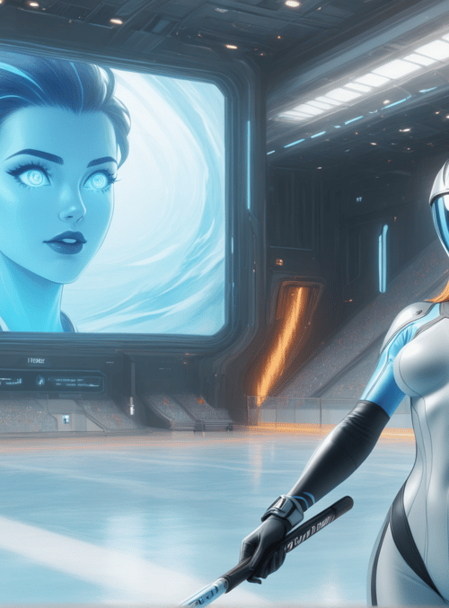 robot, hockey player, screen, arena