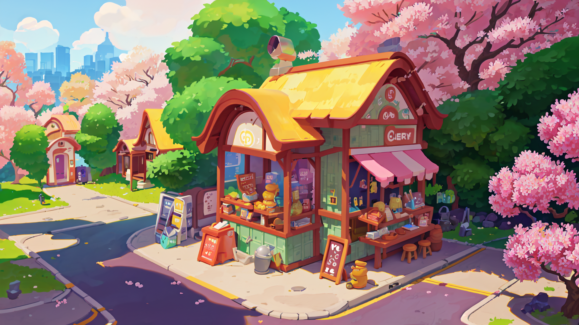 AI generated wallpaper featuring kiosk, cherry blossom, street