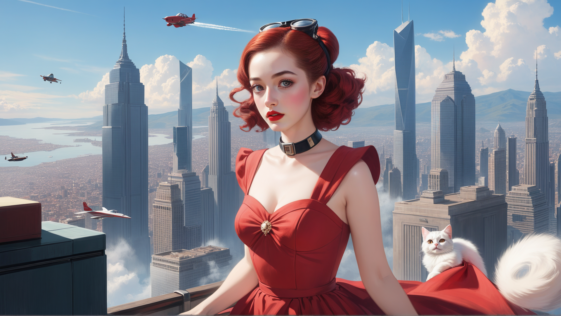 AI generated wallpaper featuring woman, cat, city