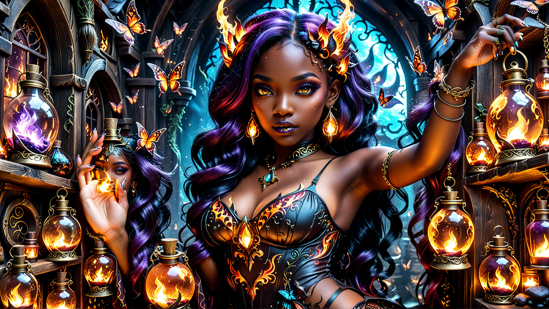 AI generated wallpaper featuring woman, butterfly, lantern, flame, wizard, dress, mirror, bottle, fire, braid