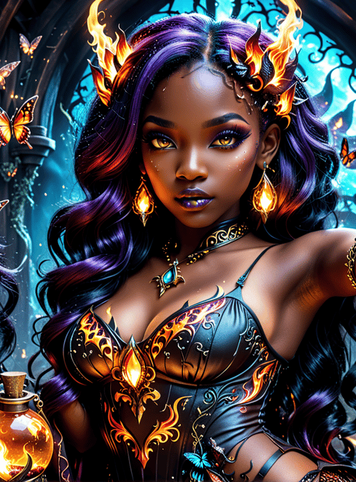woman, butterfly, lantern, flame, wizard, dress, mirror, bottle, fire, braid
