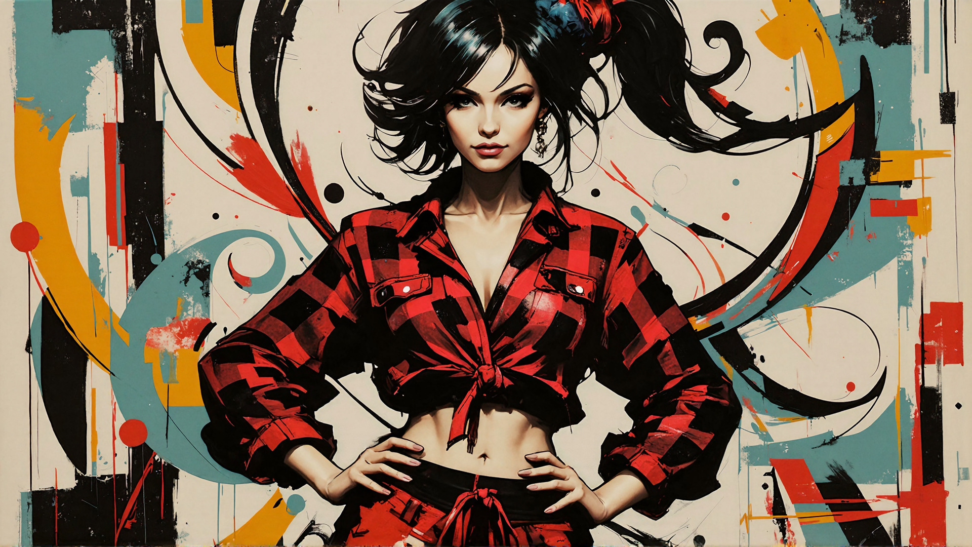 AI generated wallpaper featuring woman, plaid, hair, shirt, pants