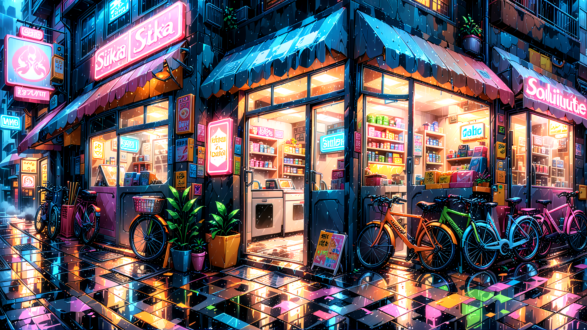 AI generated wallpaper featuring store, bicycles, street