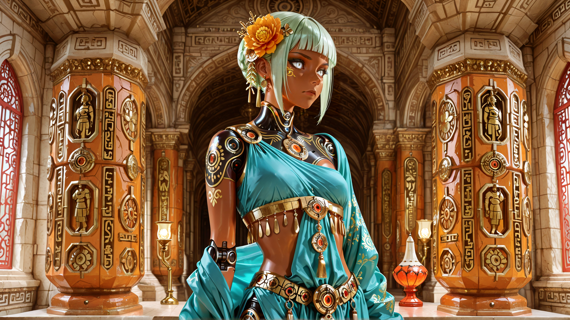 AI generated wallpaper featuring woman, robot, dress, columns, ornaments, flower, necklace, earrings, lamp, banners