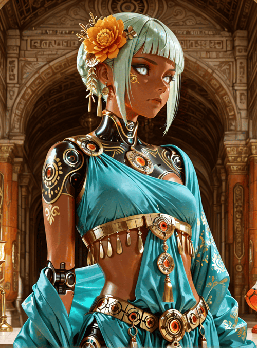woman, robot, dress, columns, ornaments, flower, necklace, earrings, lamp, banners