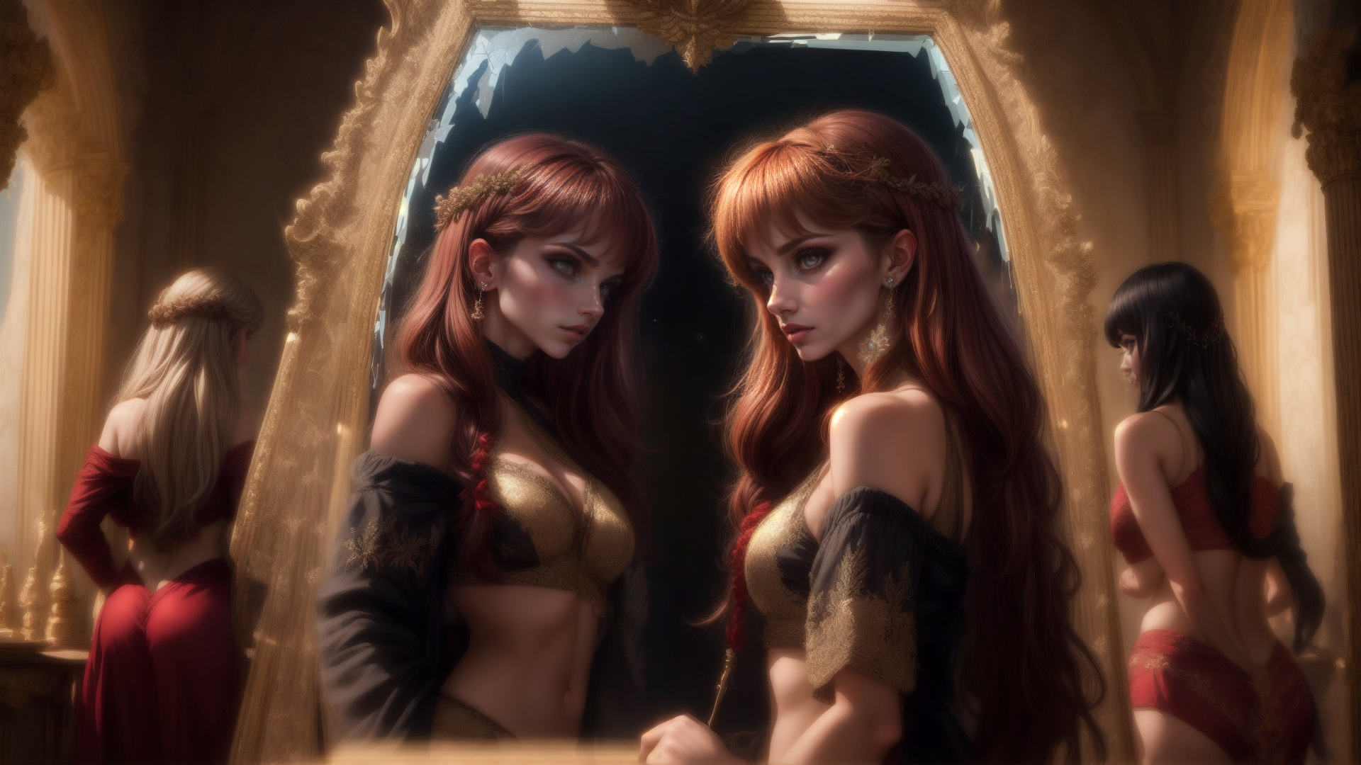 AI generated wallpaper featuring woman, mirror, reflection