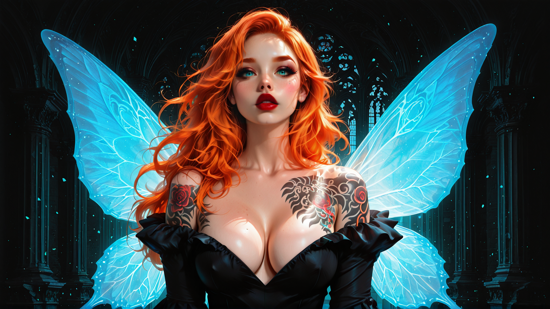 AI generated wallpaper featuring fairy, woman, wing, tattoo, dress