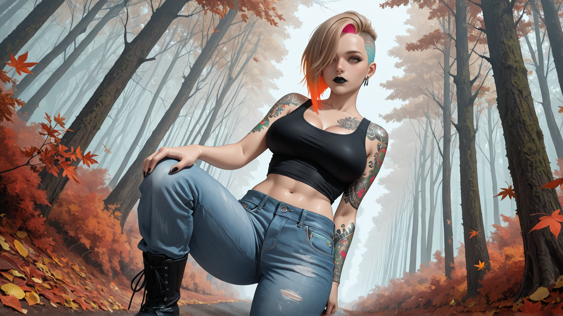 AI generated wallpaper featuring woman, tattoo, jeans, boots, forest, leaves, trees