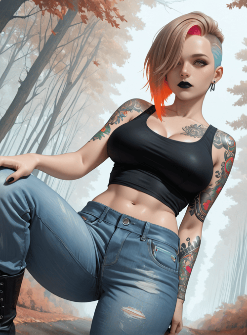 woman, tattoo, jeans, boots, forest, leaves, trees