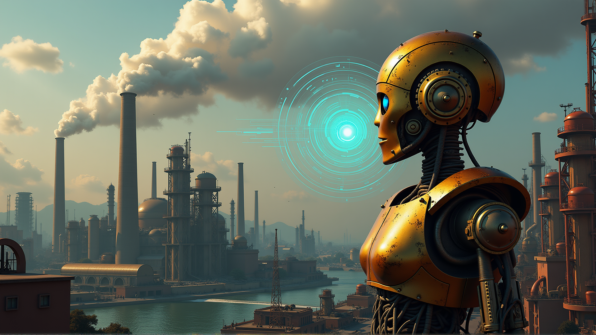AI generated wallpaper featuring robot, factory, smokestack, river, cityscape, dome, tower, circuit, cloud, water