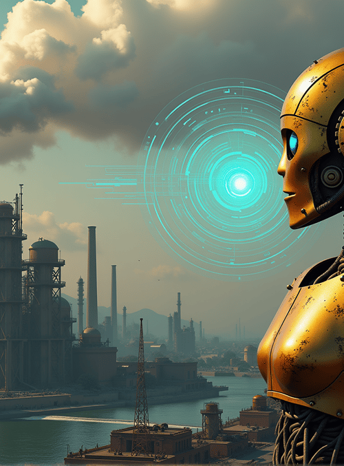 robot, factory, smokestack, river, cityscape, dome, tower, circuit, cloud, water