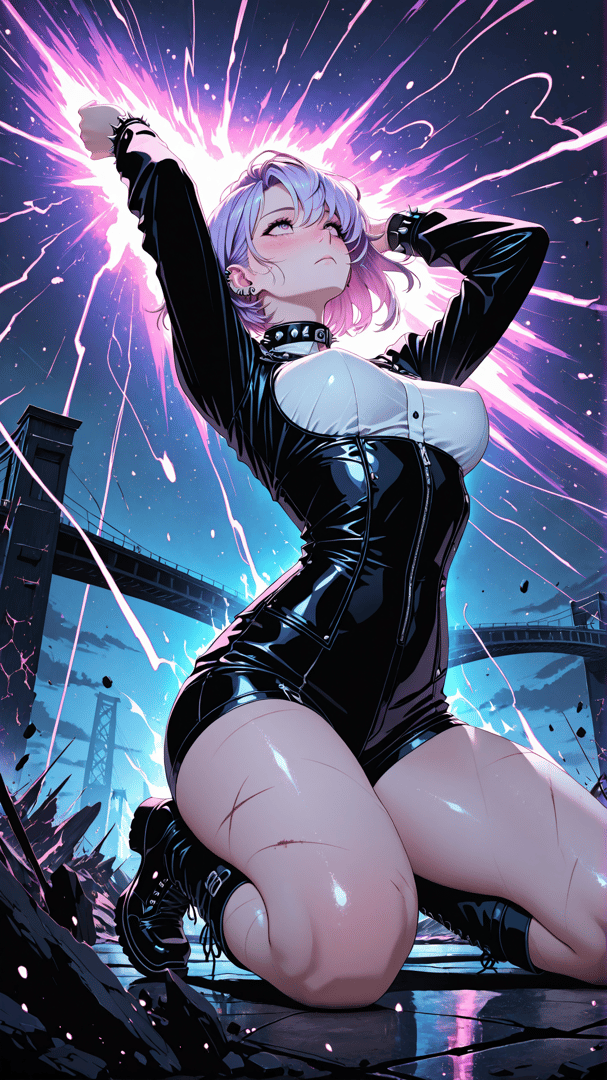 AI generated wallpaper featuring girl, woman, kneeling, gloves, choker, bridges, sweat, lightning