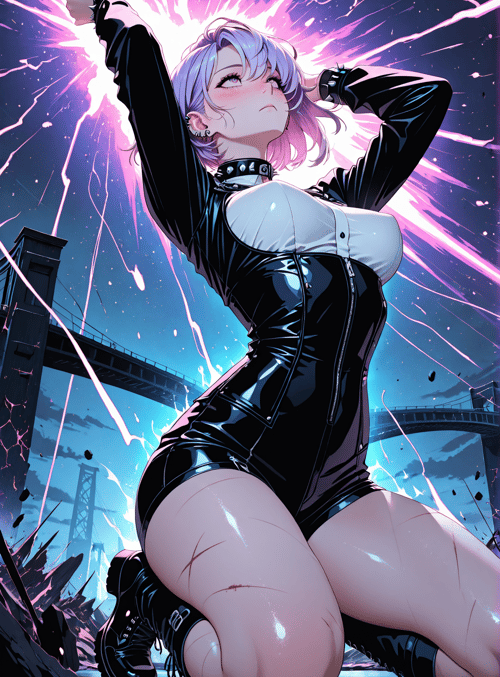 girl, woman, kneeling, gloves, choker, bridges, sweat, lightning
