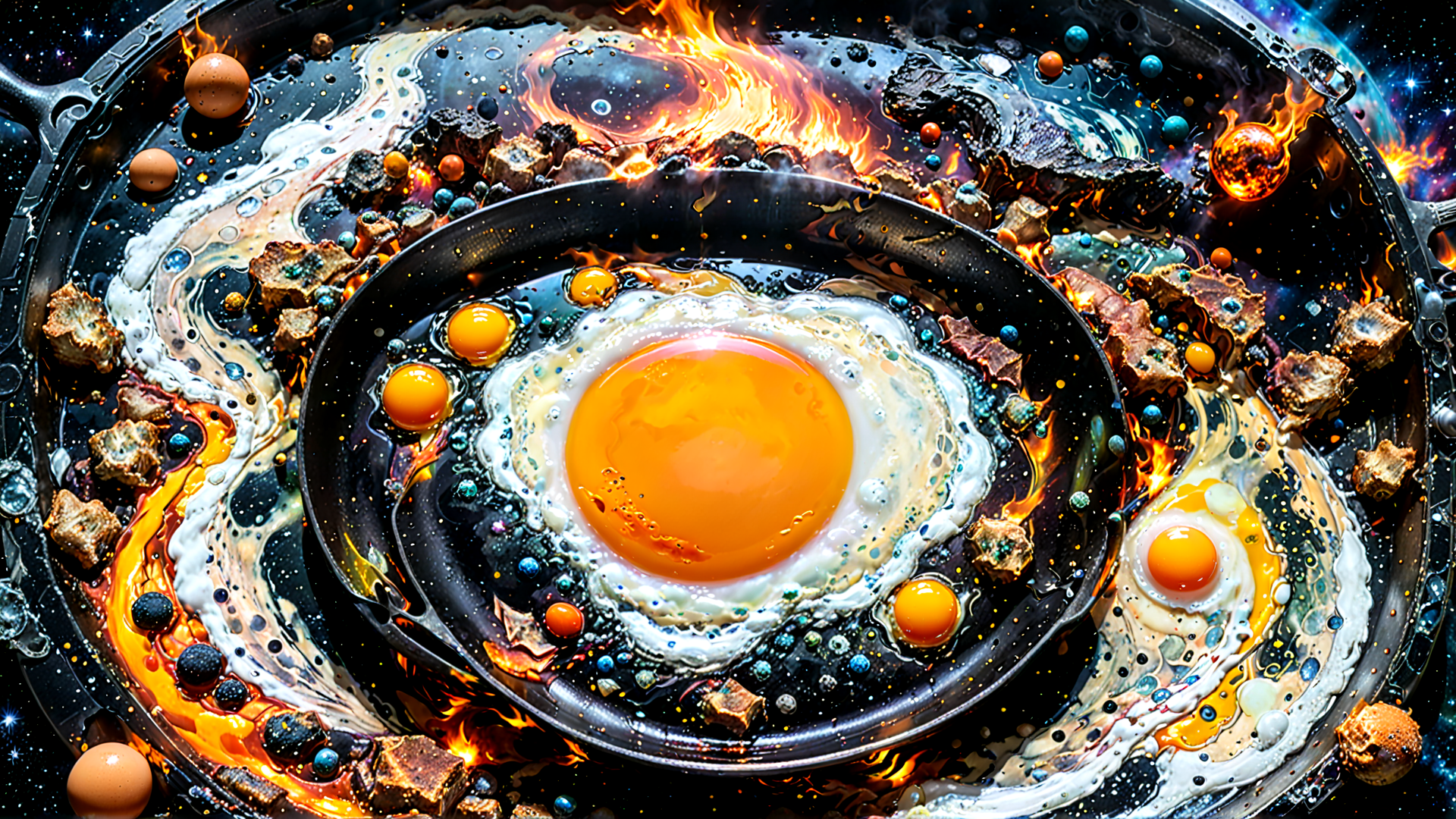 AI generated wallpaper featuring egg, pan, universe