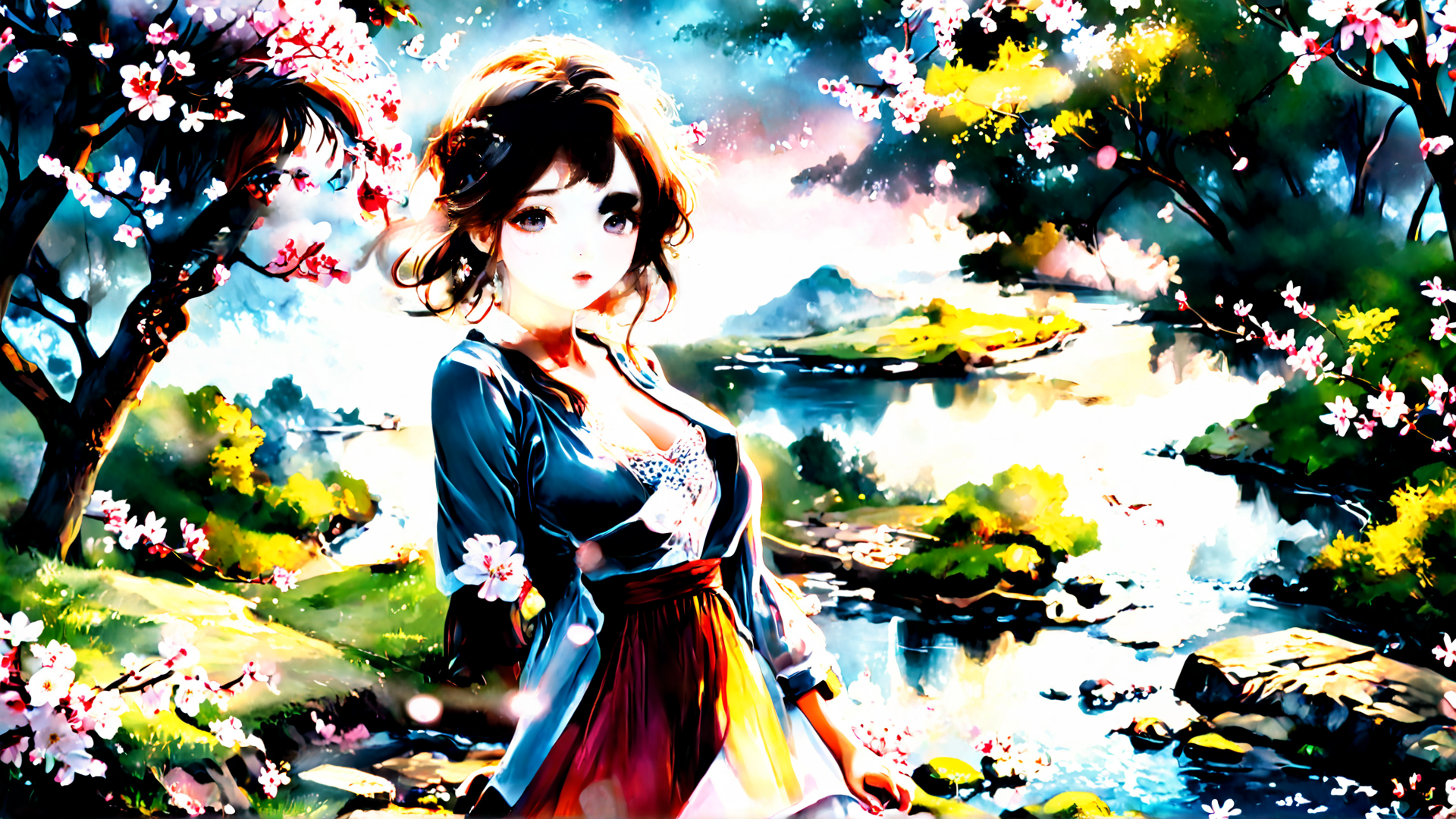 AI generated wallpaper featuring woman, cherry blossoms, stream