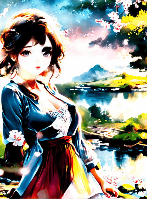 woman, cherry blossoms, stream