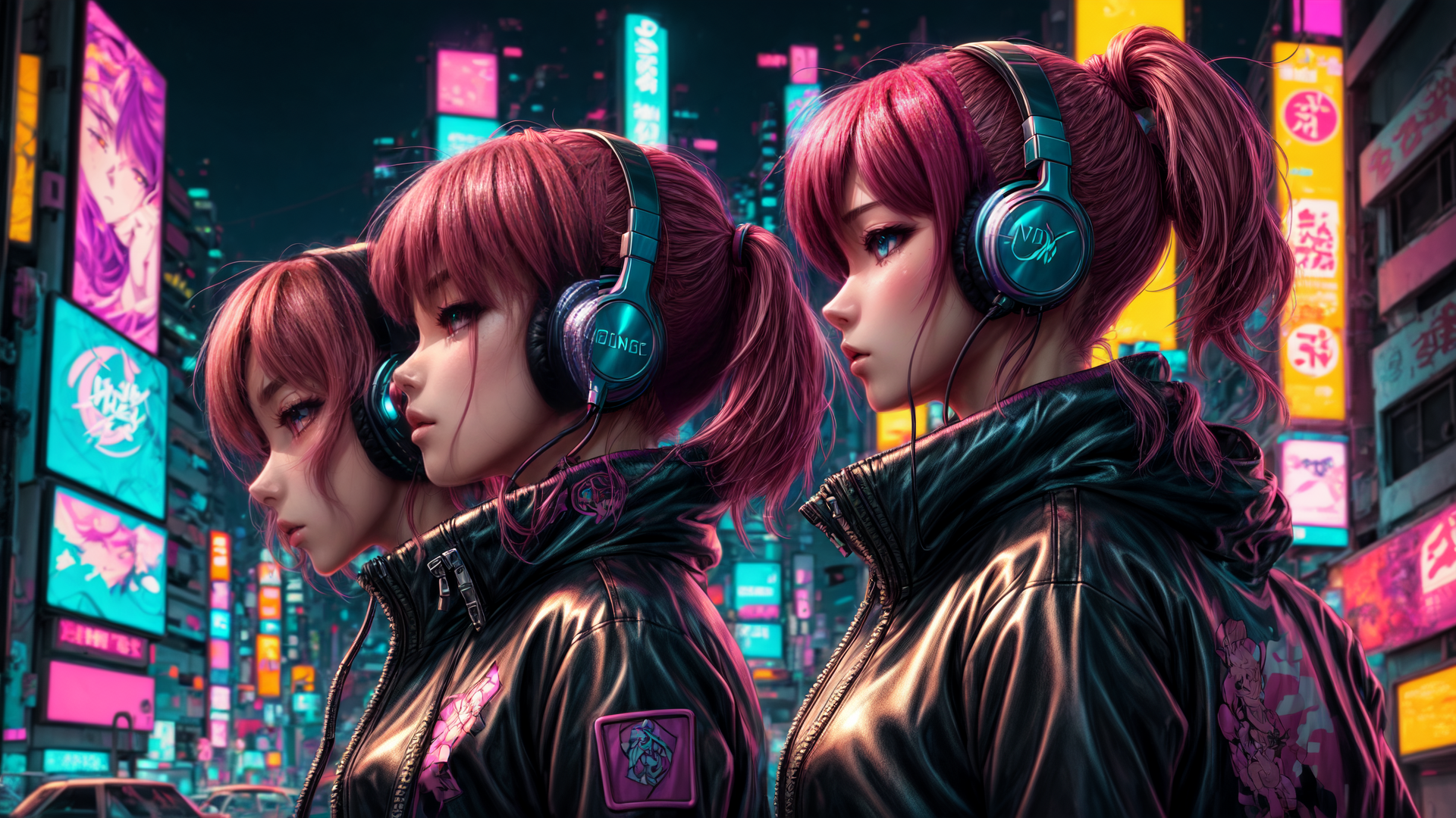 AI generated wallpaper featuring girls, headphones, cityscape