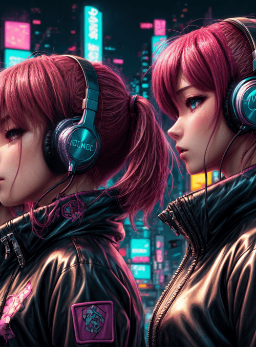girls, headphones, cityscape