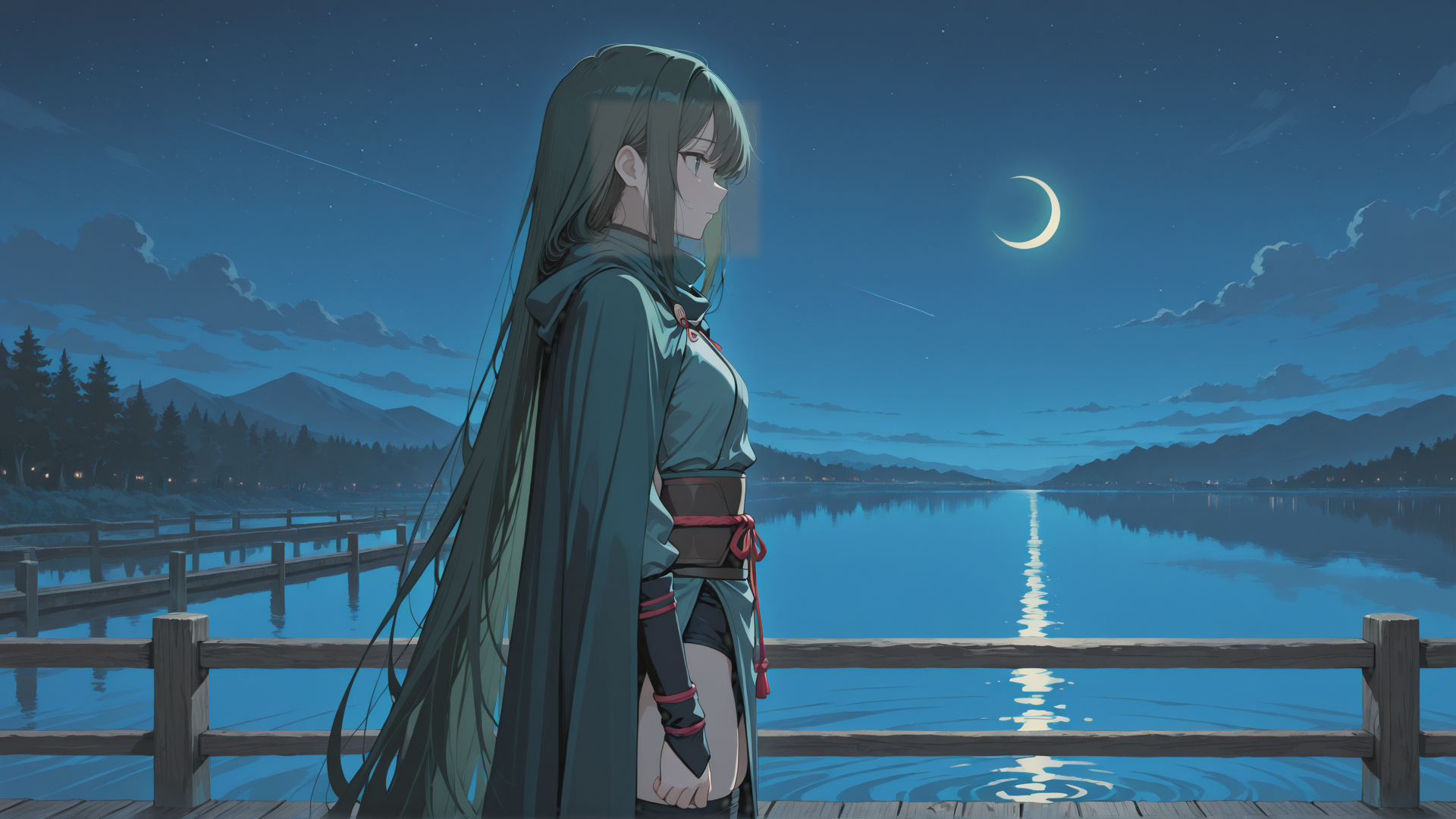 AI generated wallpaper featuring girl, lake, moon, mountain, forest, bridge, night, stars, clouds, sailor