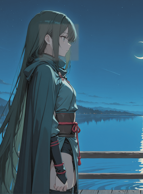 girl, lake, moon, mountain, forest, bridge, night, stars, clouds, sailor