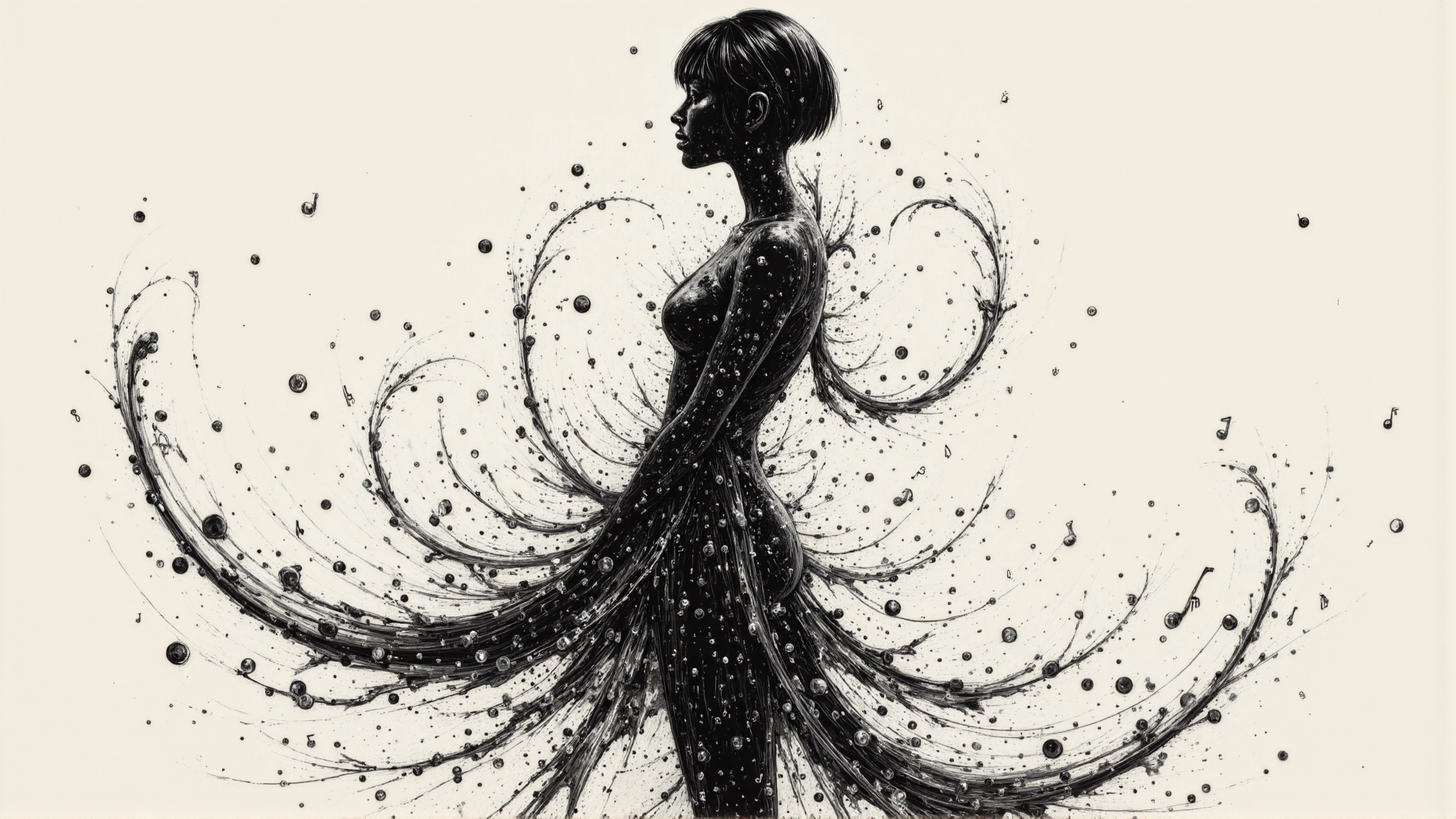 AI generated wallpaper featuring woman, silhouette, dots, swirls, music notes, particles, wing-like, ink, abstract, figure