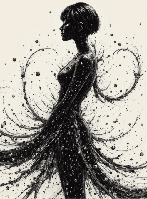woman, silhouette, dots, swirls, music notes, particles, wing-like, ink, abstract, figure