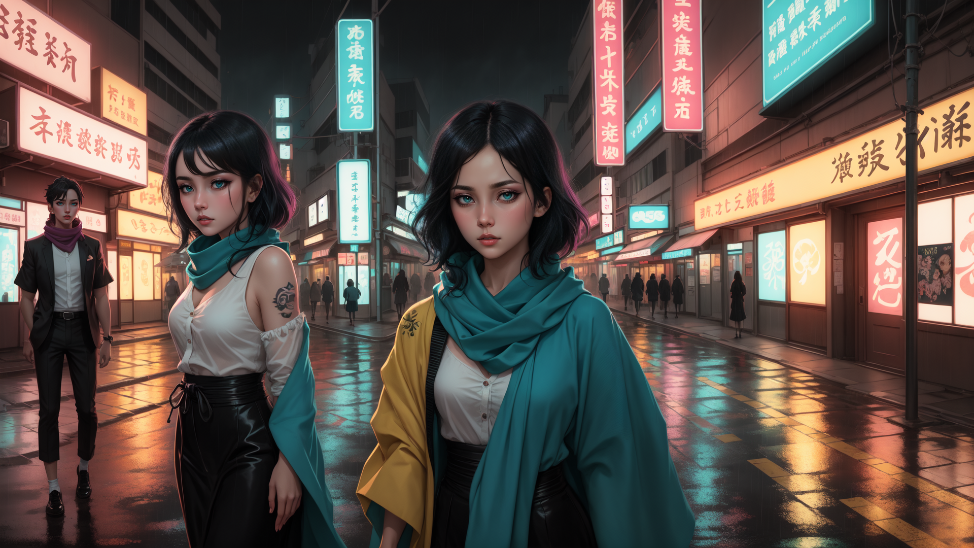 AI generated wallpaper featuring women, street, neon