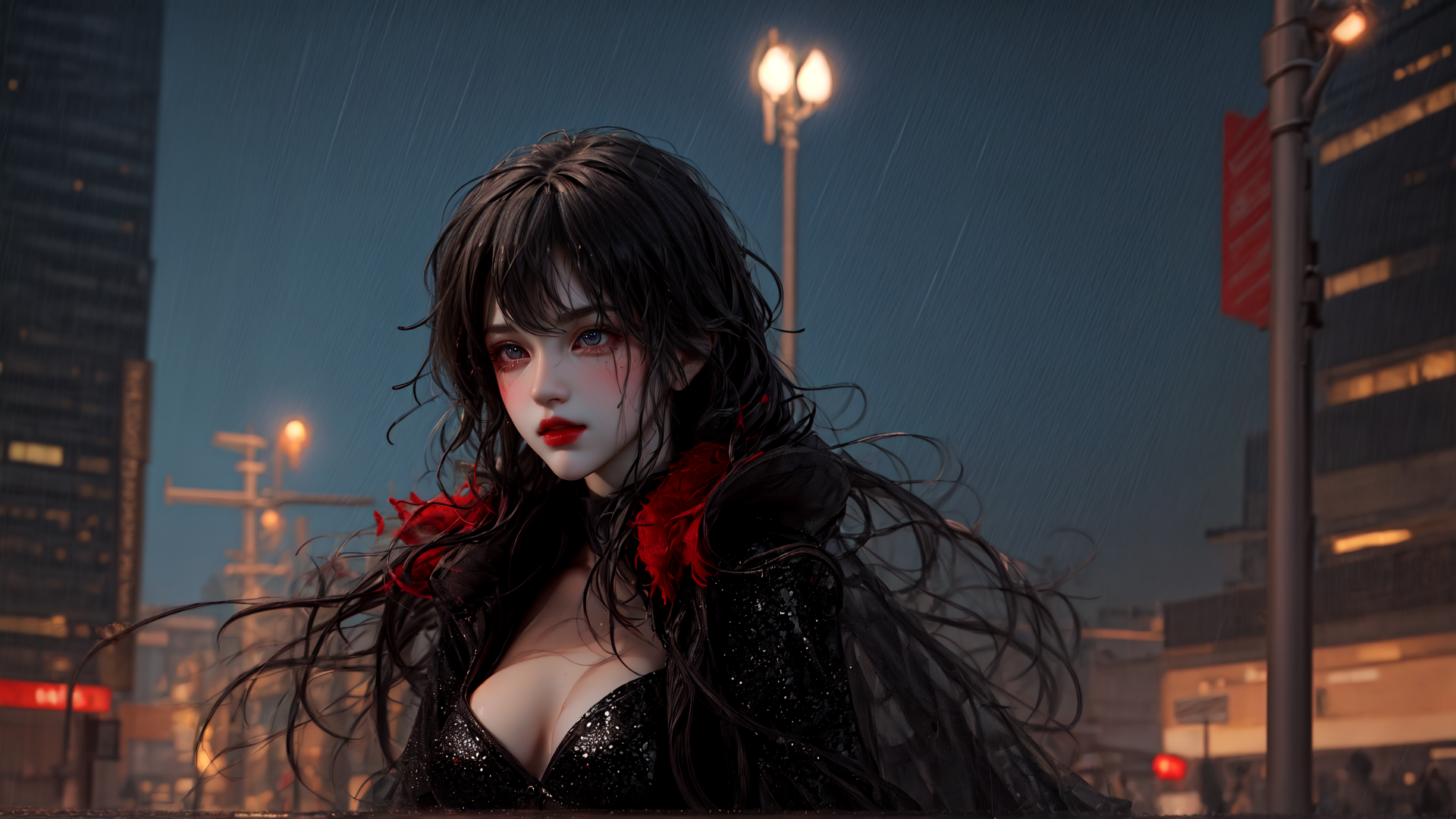 AI generated wallpaper featuring woman, city, rain