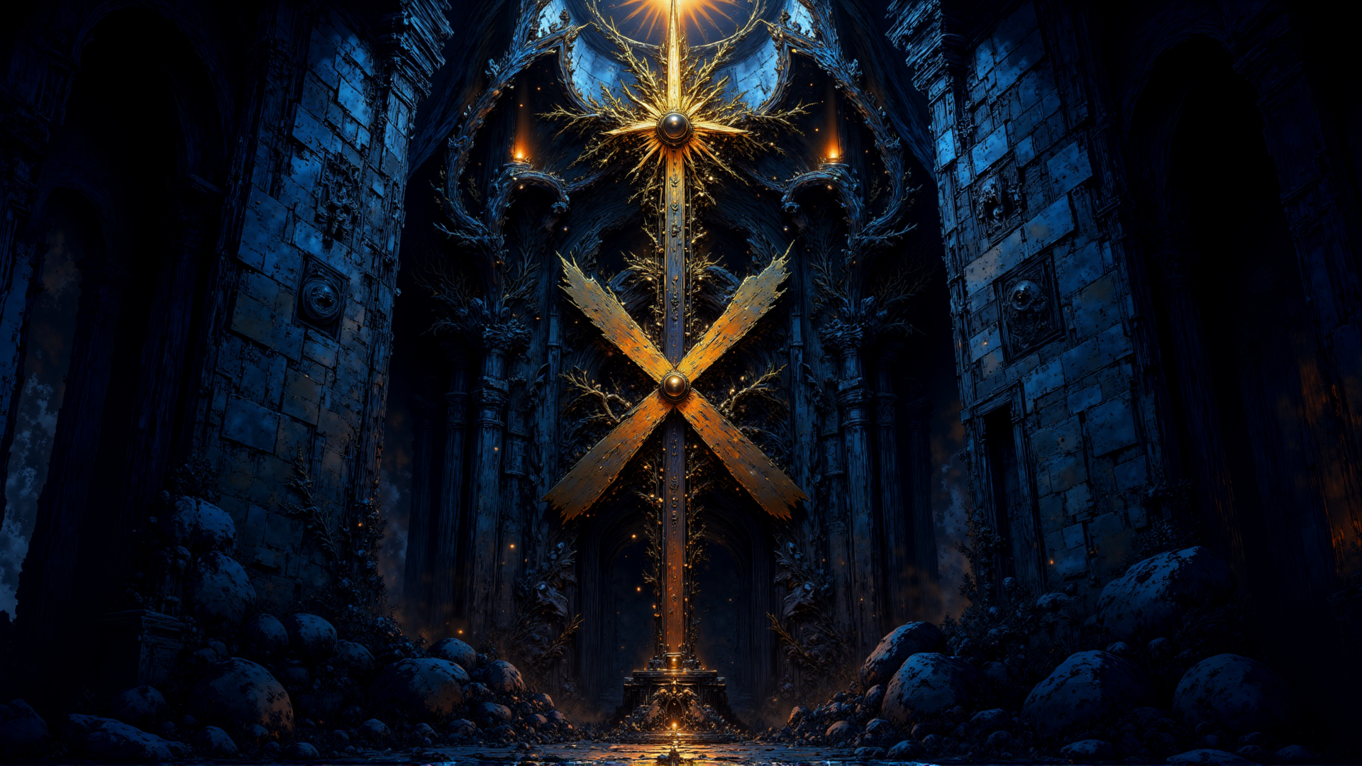 AI generated wallpaper featuring cross, cathedral, stone, ruins, torch, trees, gargoyle, skeleton, dome, glow
