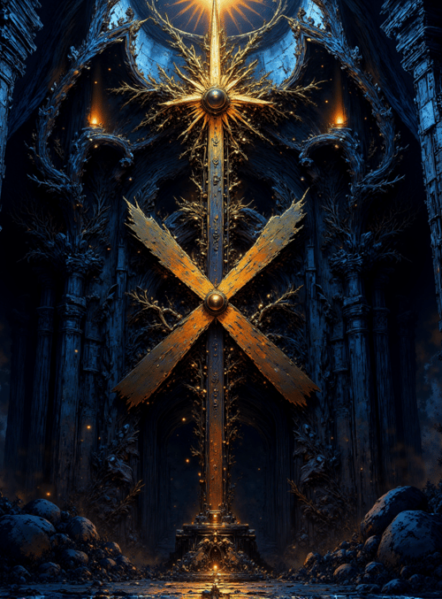 cross, cathedral, stone, ruins, torch, trees, gargoyle, skeleton, dome, glow