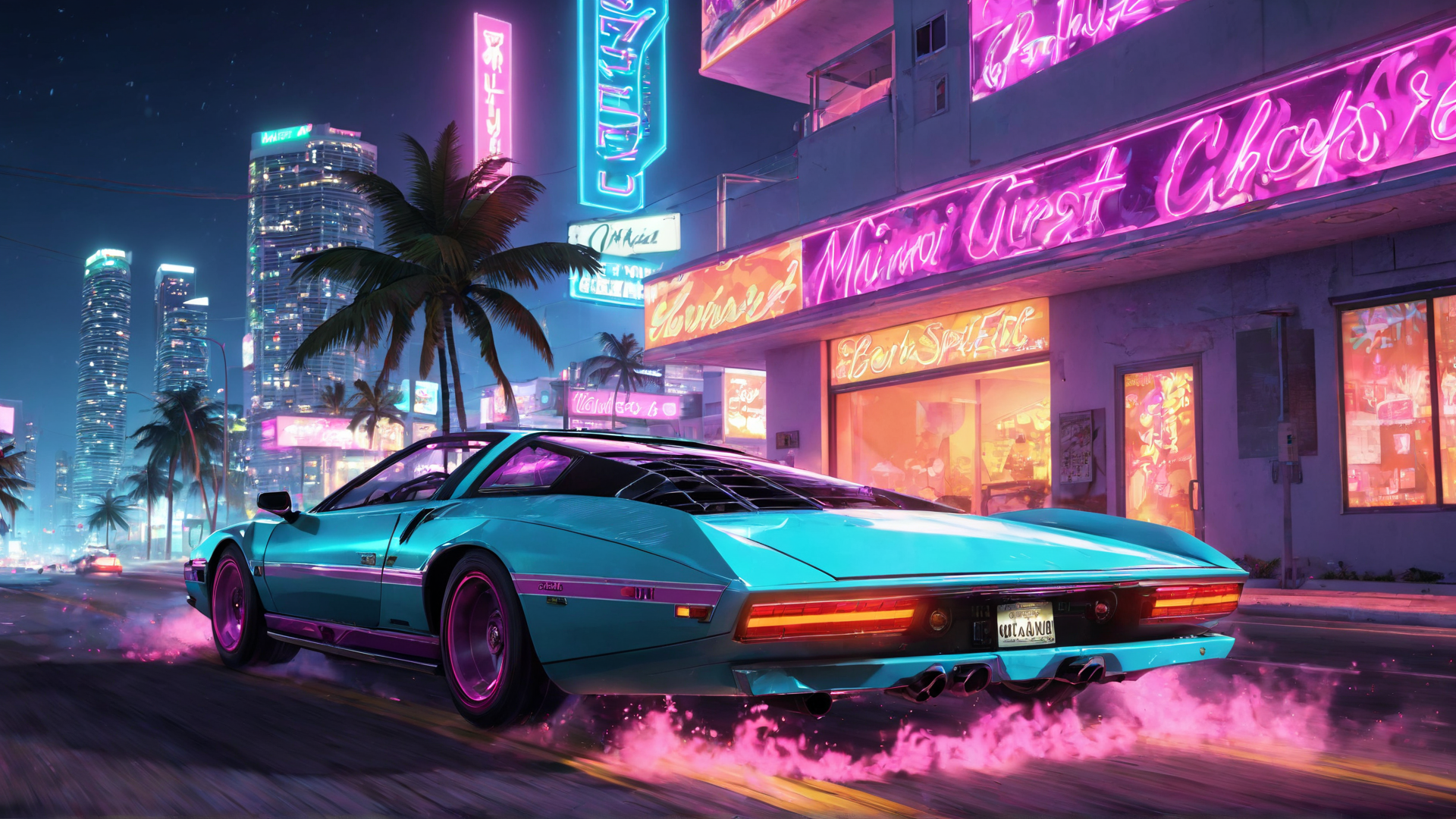 AI generated wallpaper featuring car, neon, city