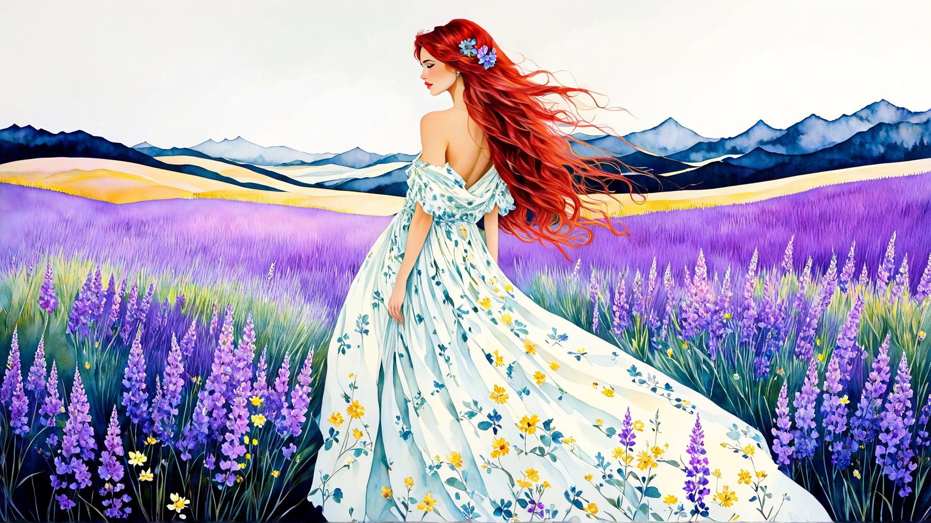 AI generated wallpaper featuring woman, lavender, dress, flowers, mountains, hair