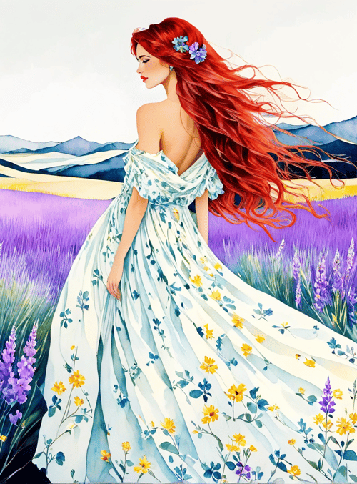 woman, lavender, dress, flowers, mountains, hair