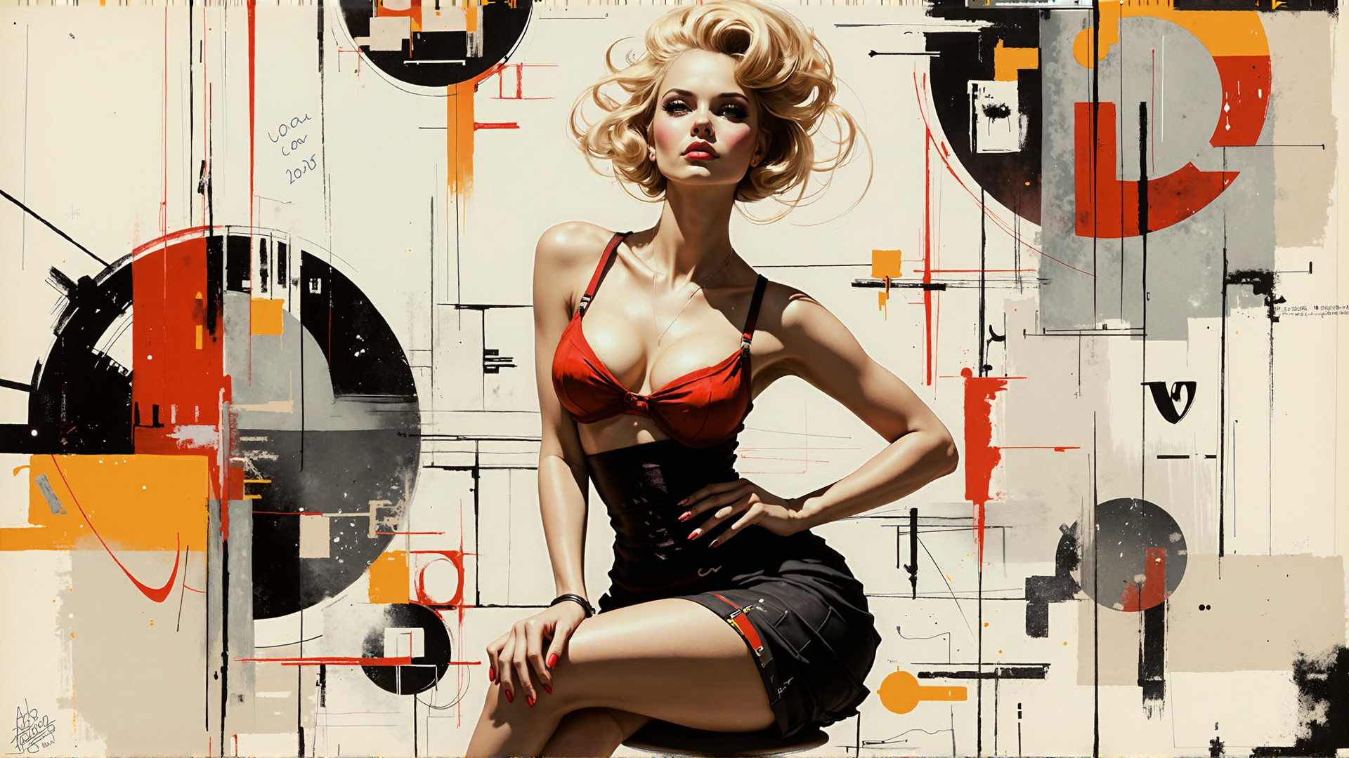 AI generated wallpaper featuring woman, blonde, bikini, skirt, art