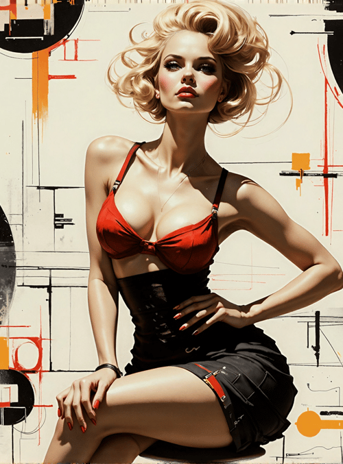 woman, blonde, bikini, skirt, art