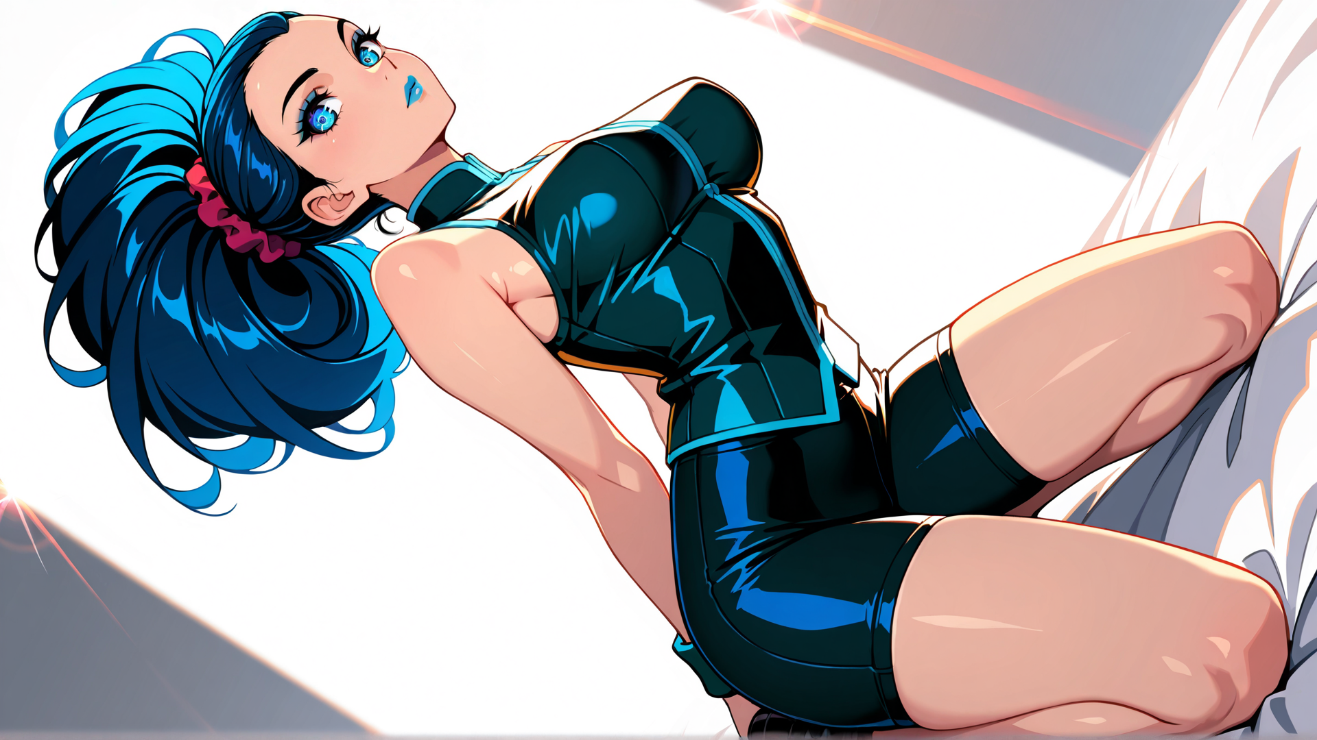 AI generated wallpaper featuring anime character, girl, blue hair, high ponytail, shiny outfit