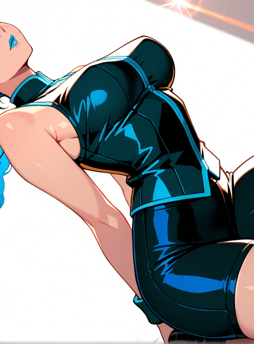 anime character, girl, blue hair, high ponytail, shiny outfit